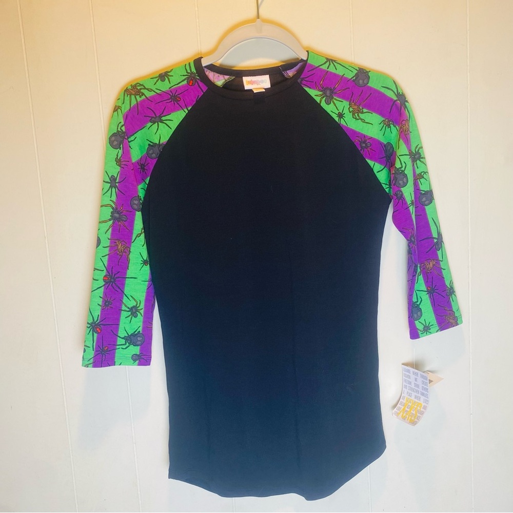 NWT Lularoe Randy Halloween Purple & Green Spider Sleeves Women’s Size XXS